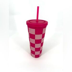 Dunkin Vibrant Pink Checkered Tumbler with Straw